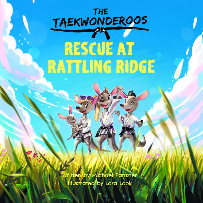 Cover of The Taekwonderoos: Rescue at Rattling Ridge showing three kangaroos in taekwondo uniforms in tall grass