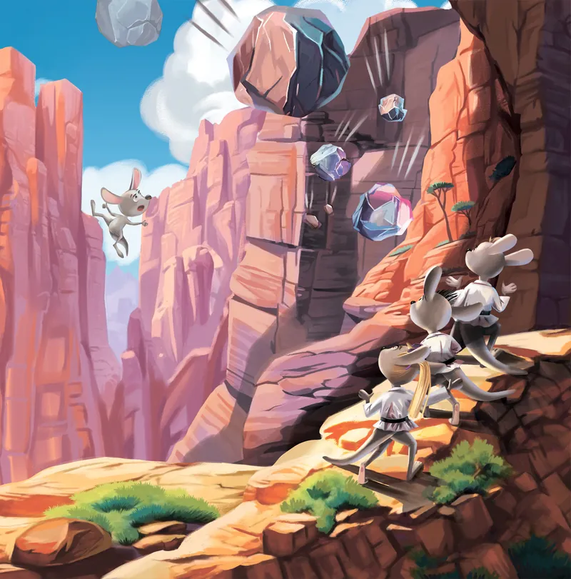The kangaroos leaping up a canyon wall as boulders tumble down